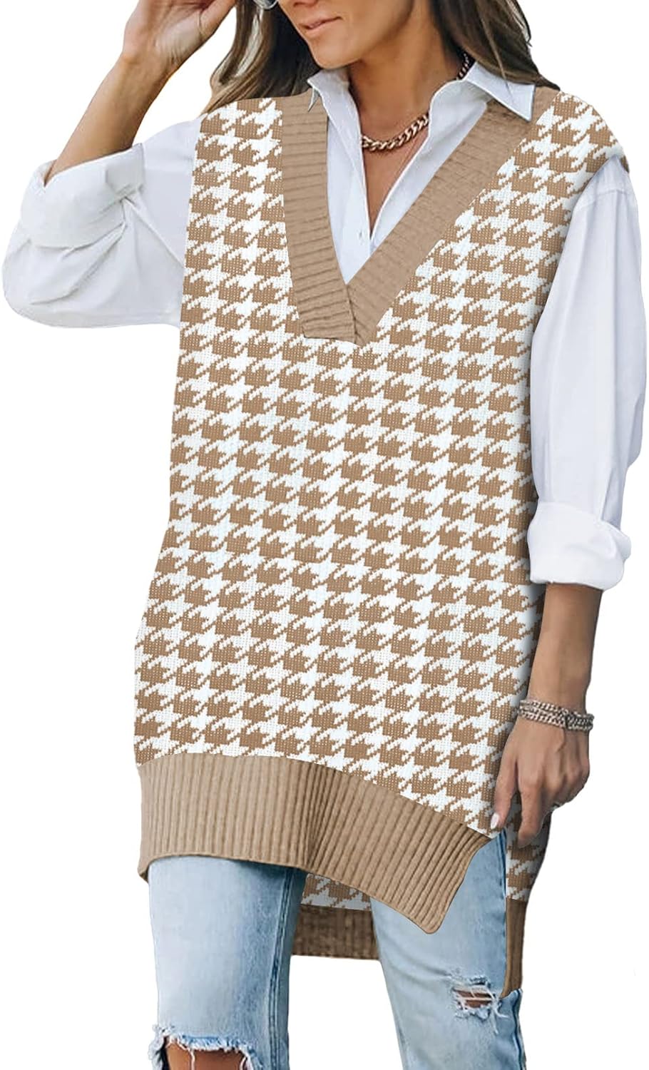 Viottiset Women's Oversized V Neck Knit Sweater Vest Tunic