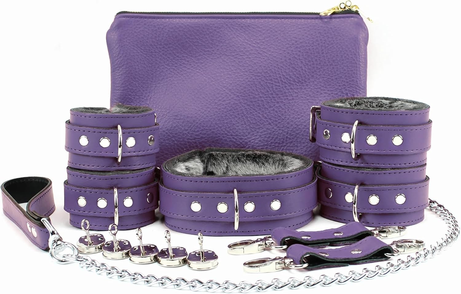 Barcelona 7-Piece Set Chic Top Grain Leather Cuffs and Leash