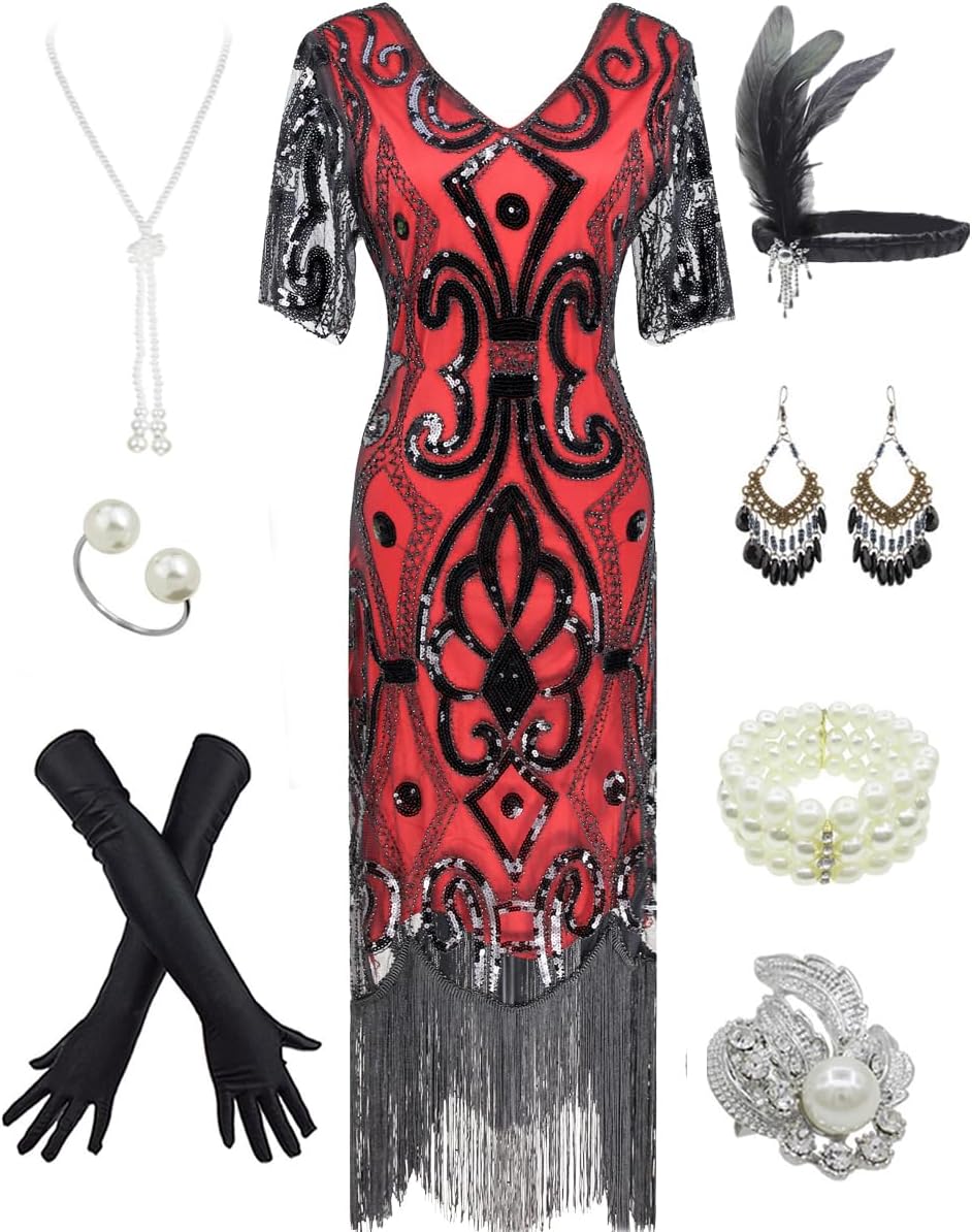 1920s Gatsby Inspired Flapper Dress with Accessories Set