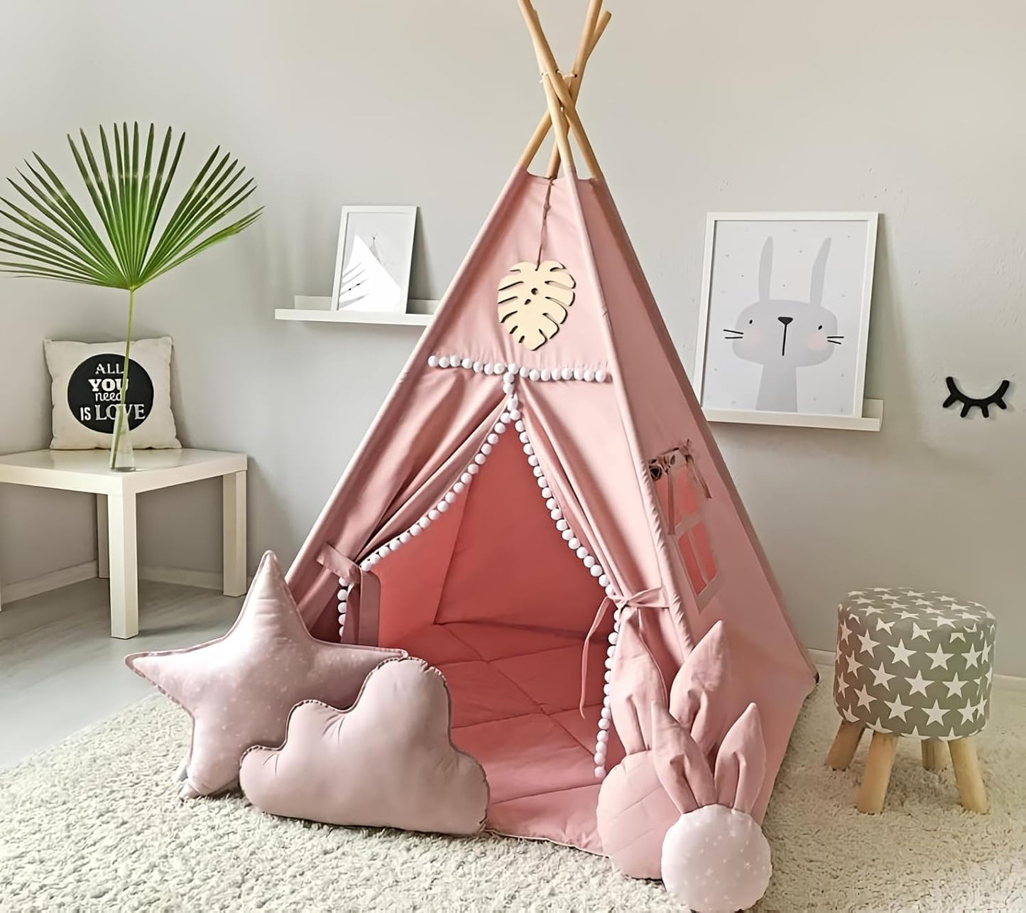 Kids Teepee Tent with White Pom Pom - Indoor Playhouse for Children