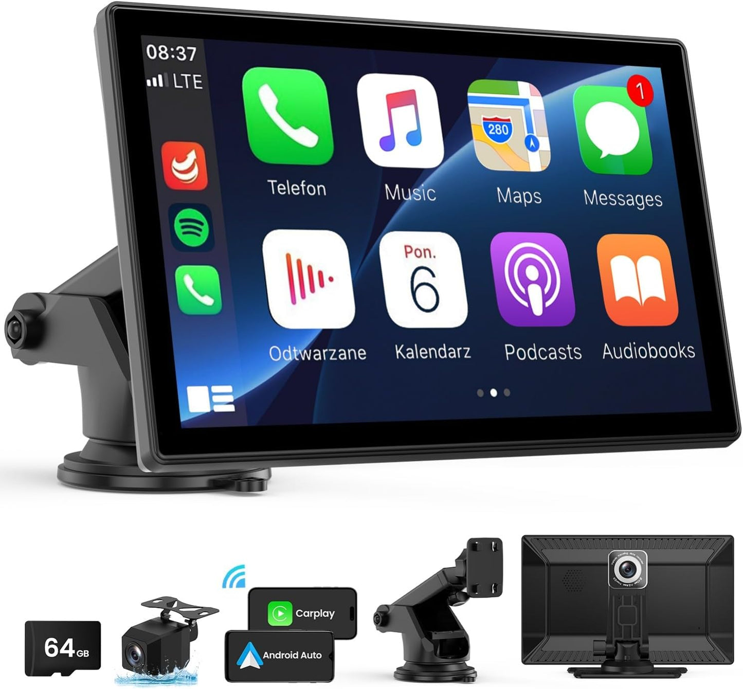 Wireless Carplay Screen for Car with Dual Dash Cam Features
