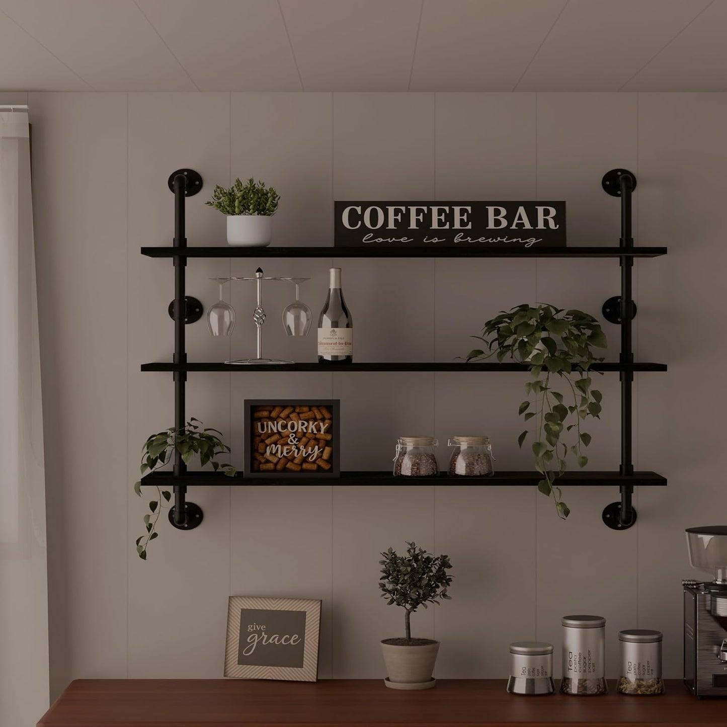 Industrial Pipe Shelving Rustic Black Wall Shelves for Home
