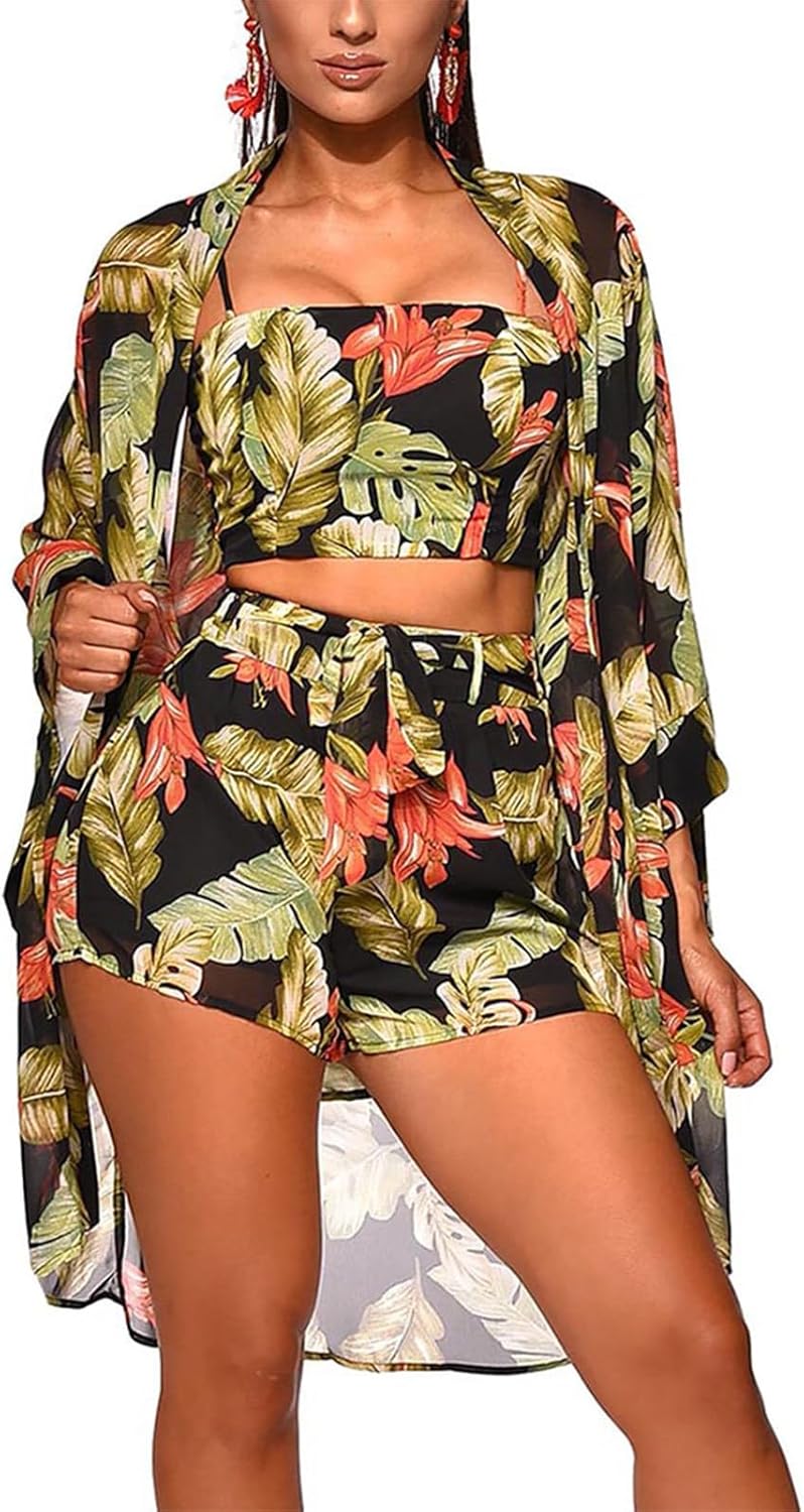 KEYUFANG Women 3 Piece Vocation Outfits Summer Suit Floral Kimono