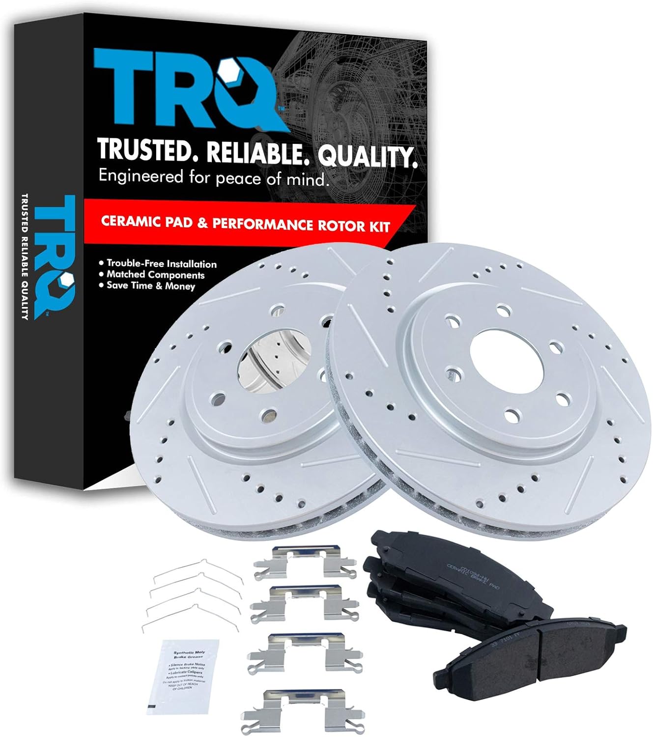 TRQ Brake Rotor Drilled & Slotted Coated & Ceramic Pad Set