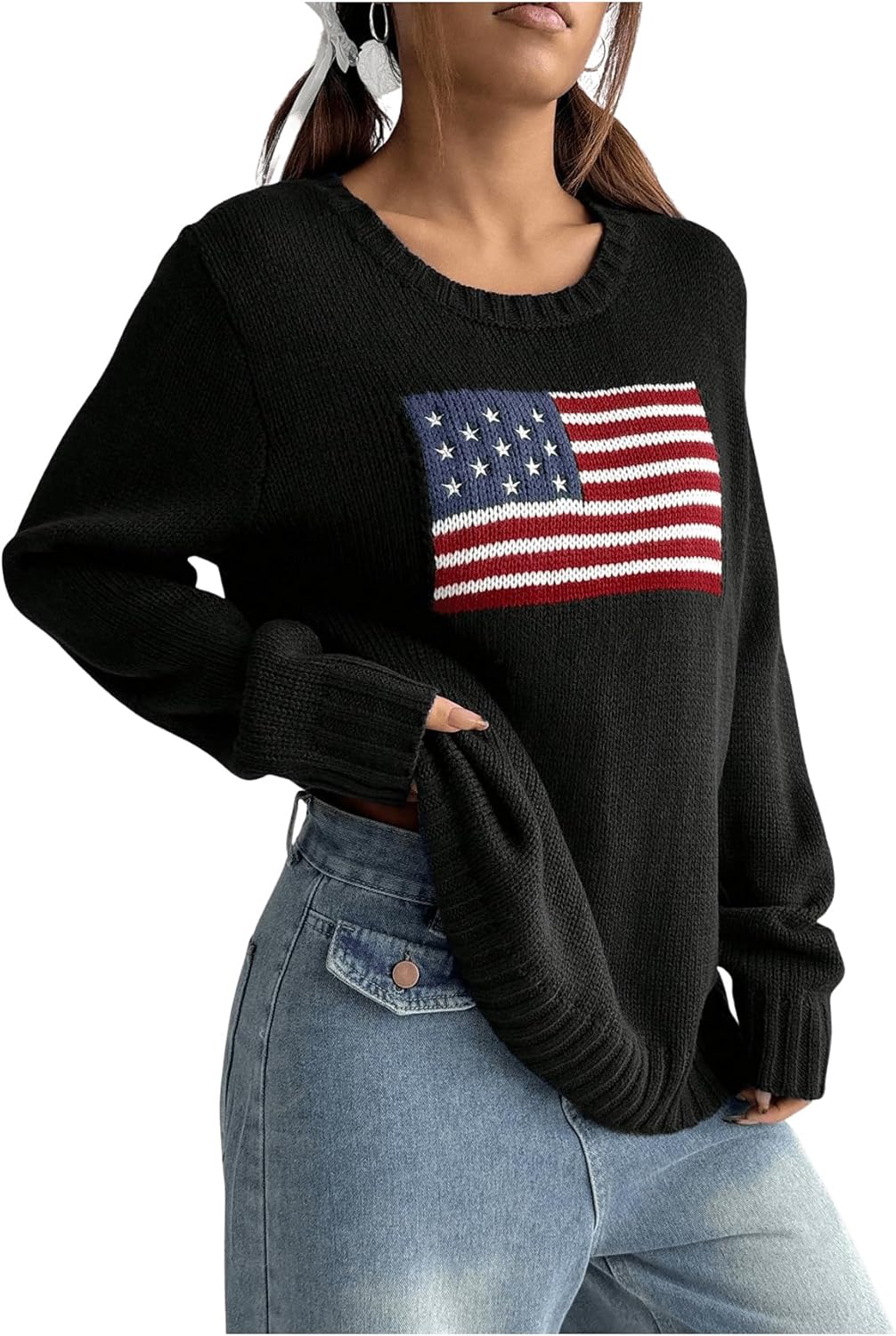 SweatyRocks Women's Flag Pattern Long Sleeve Pullover Sweater