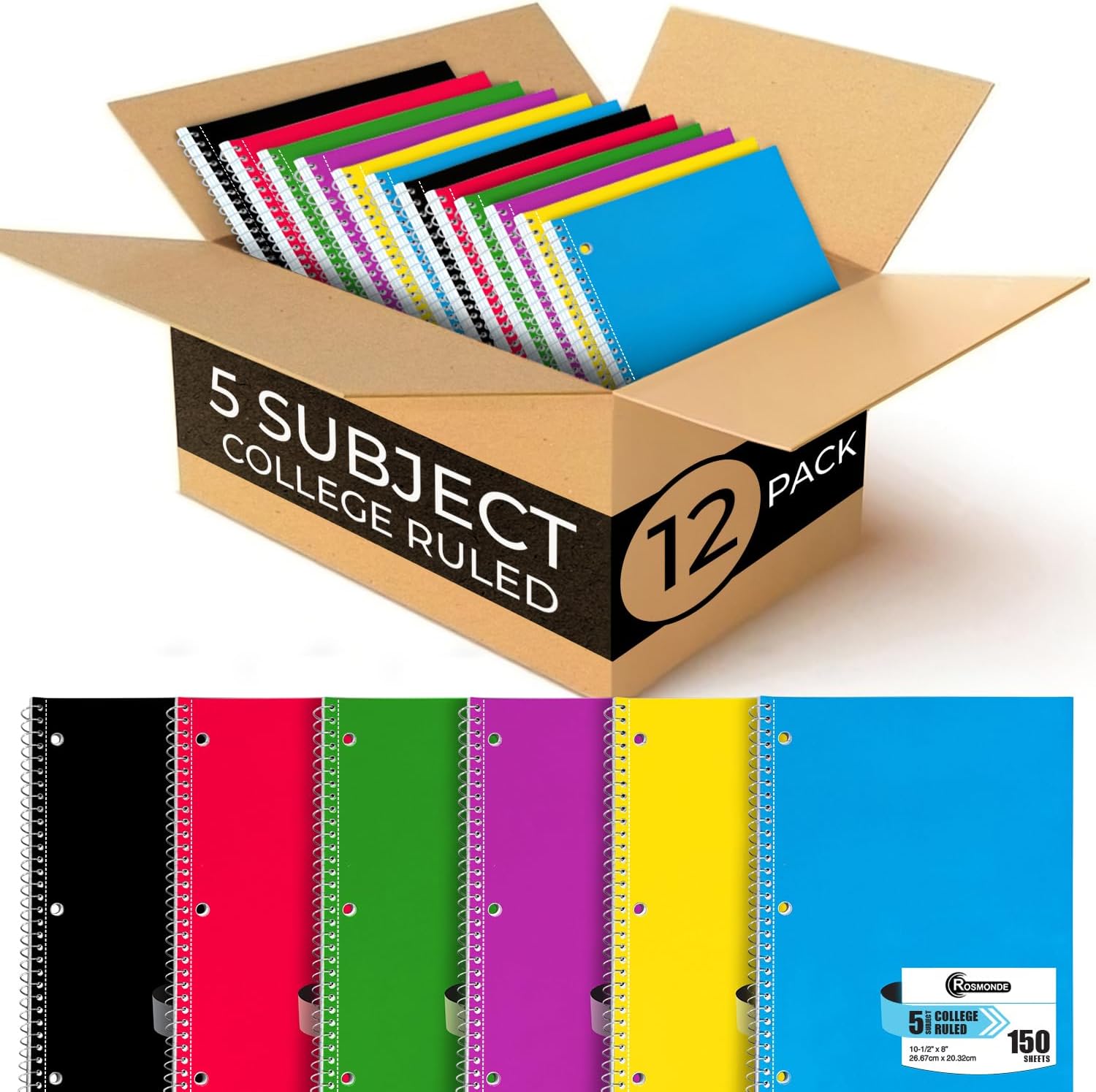 Spiral Notebook 12 Pack for School & Office, 5 Subject, 300 Pages
