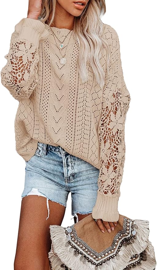 AlvaQ Women's 2023 Lace Crochet Long Sleeve Sweater for Fall