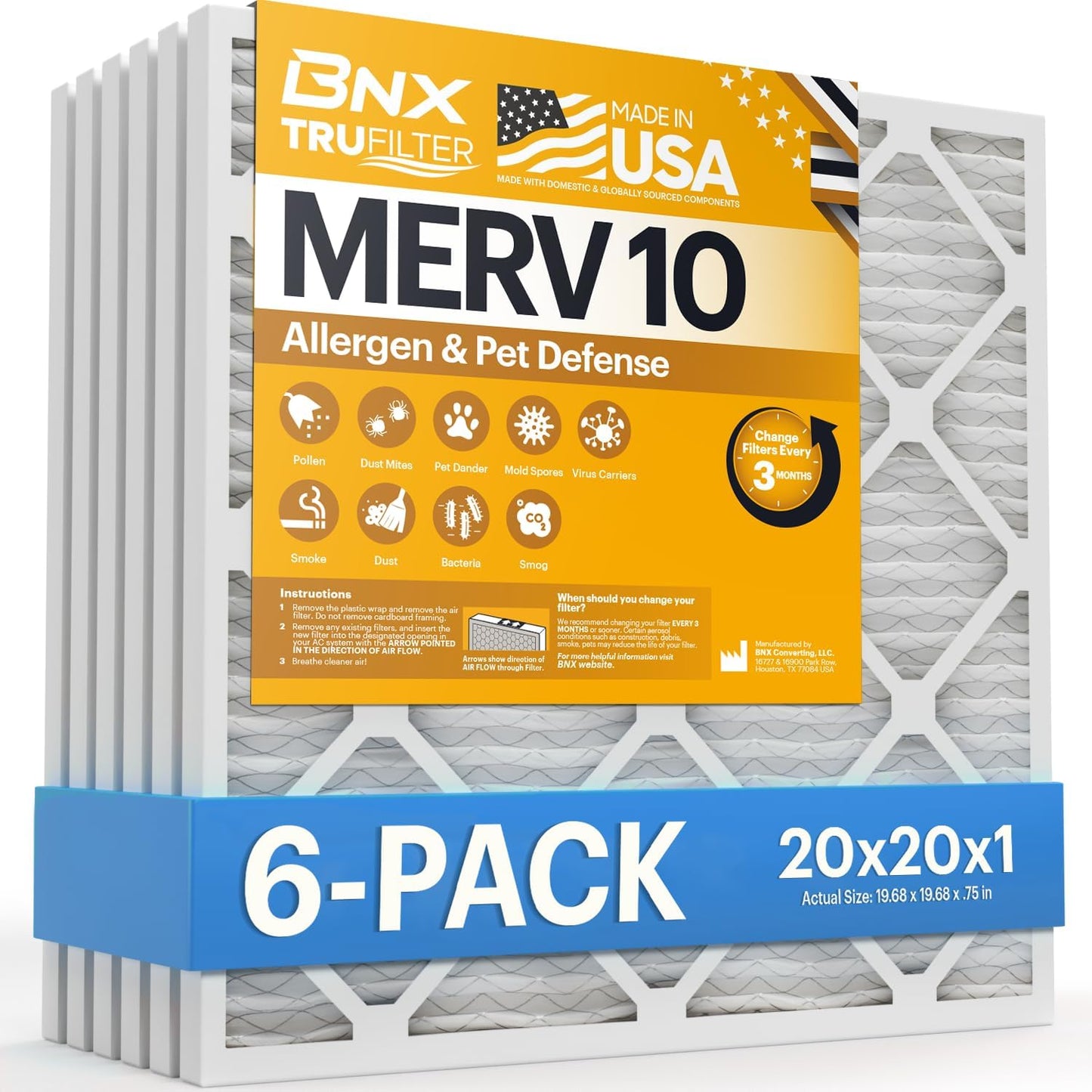 BNX TruFilter 20x20x1 MERV 10 Air Filters for Clean Air