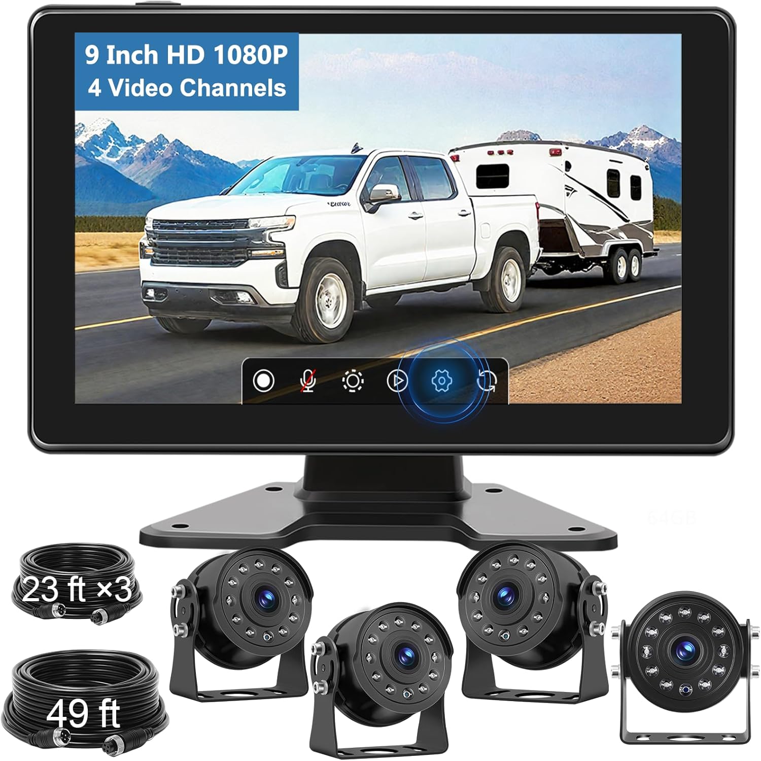 9in RV Backup Camera Wired System with HD 1080P Quad Monitor
