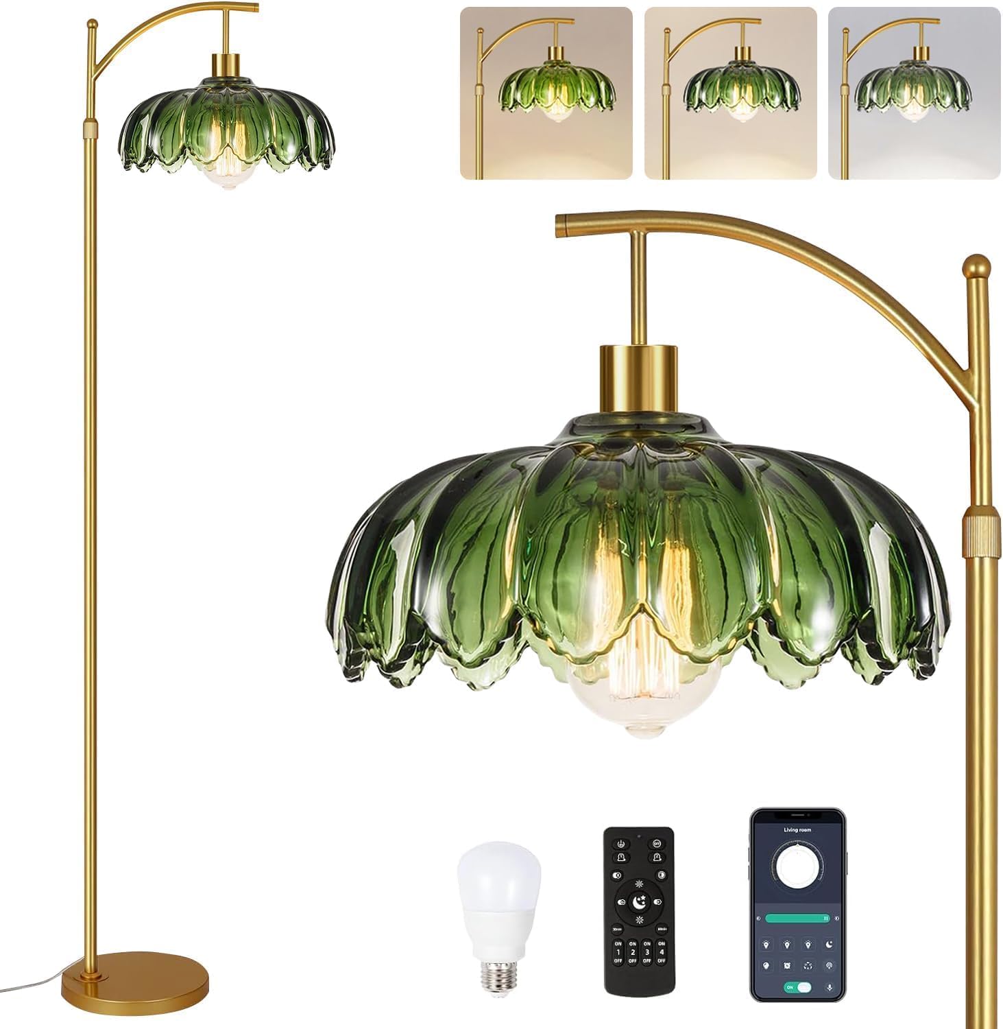 Gold Floor Lamps for Living Room with Remote Control & Green Shade