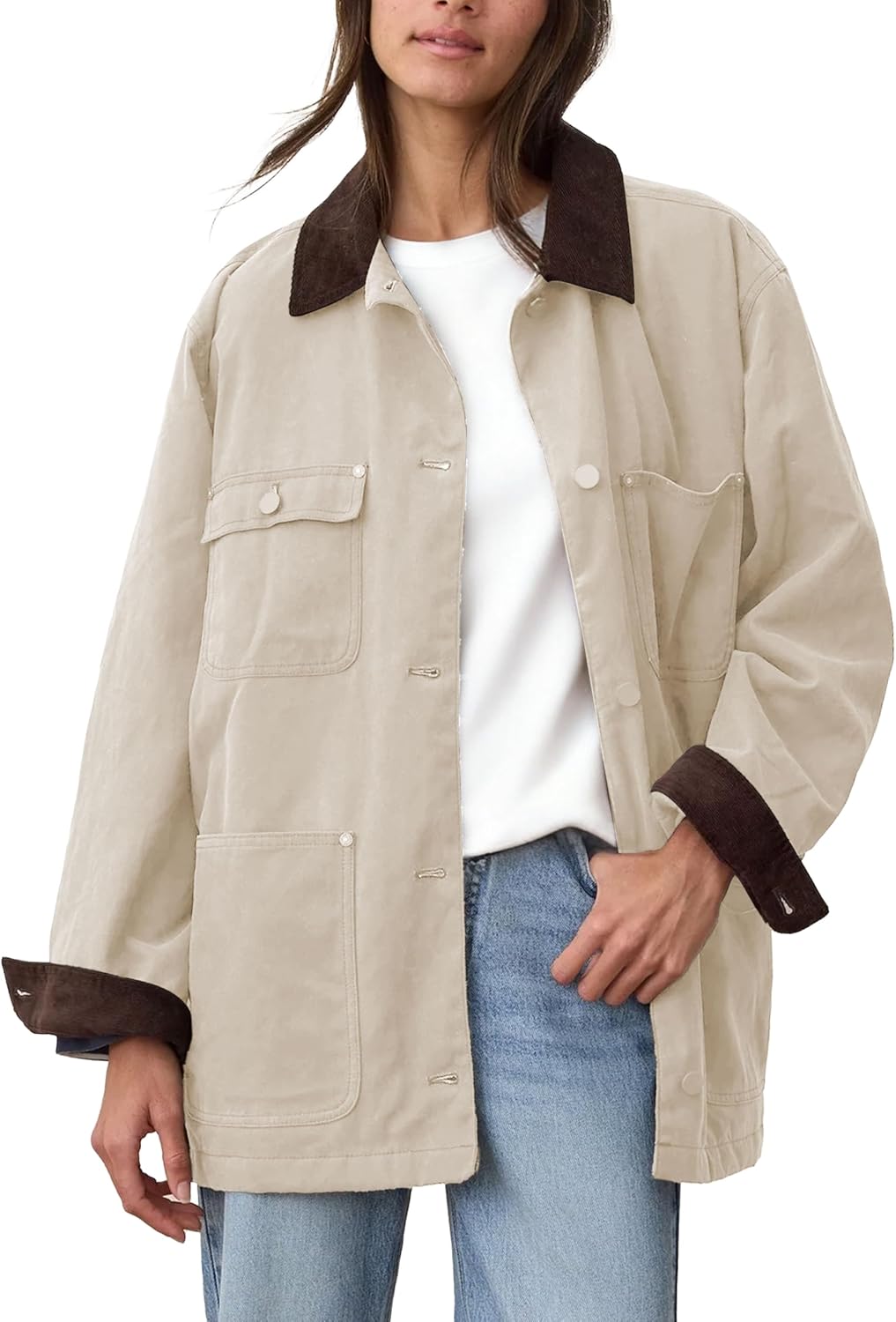 Oversized Utility Cotton Coat for Women with Vintage Charm