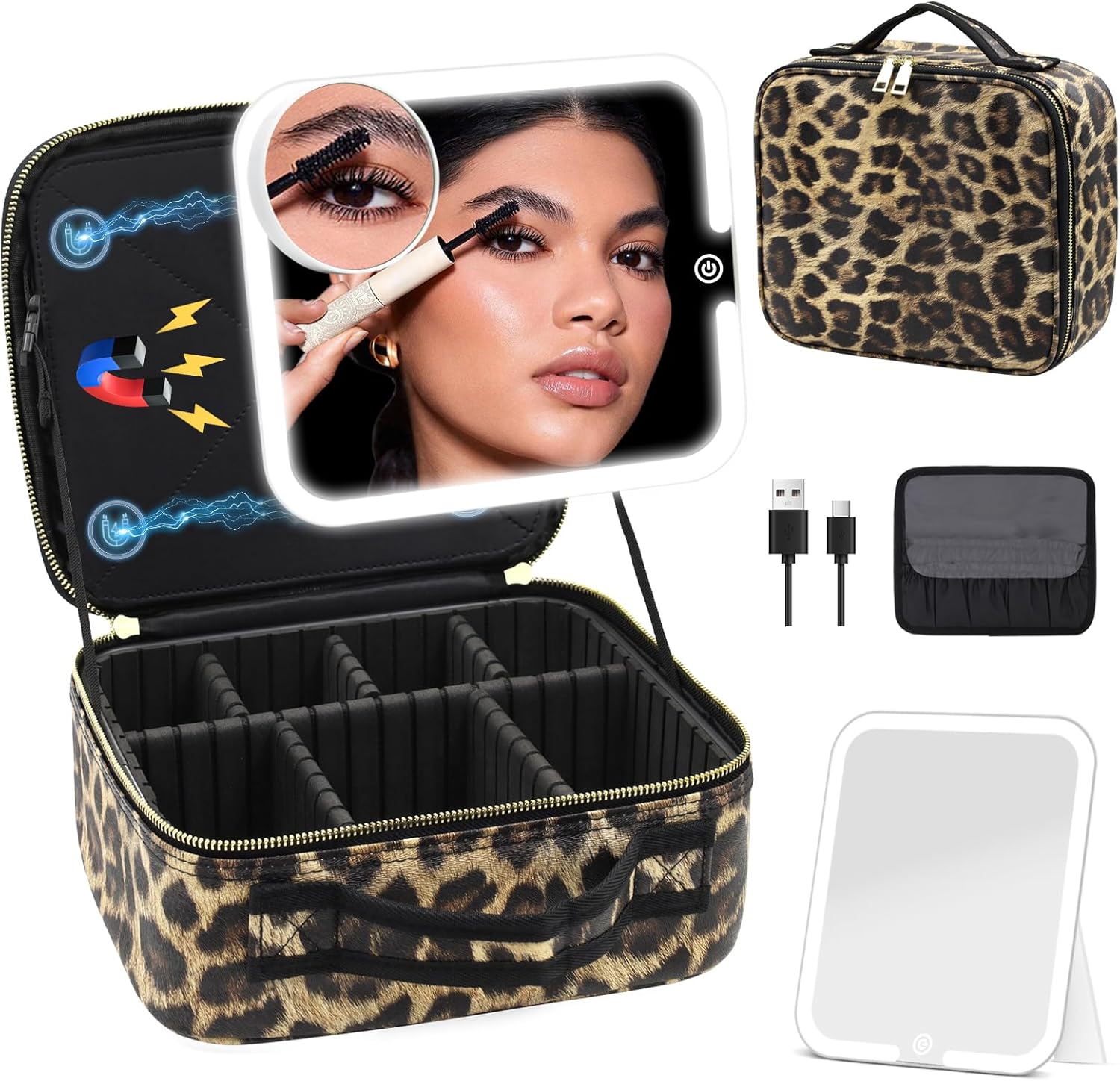 Travel Makeup Bag with Lighted Mirror and Magnetic Design
