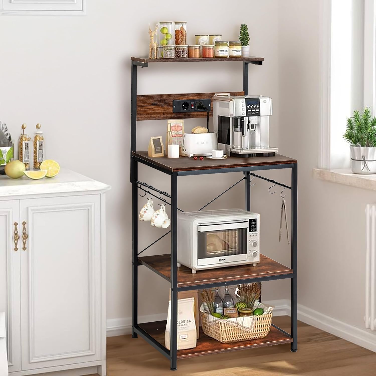 Rustic Brown Kitchen Rack with Power Outlet & Hooks!