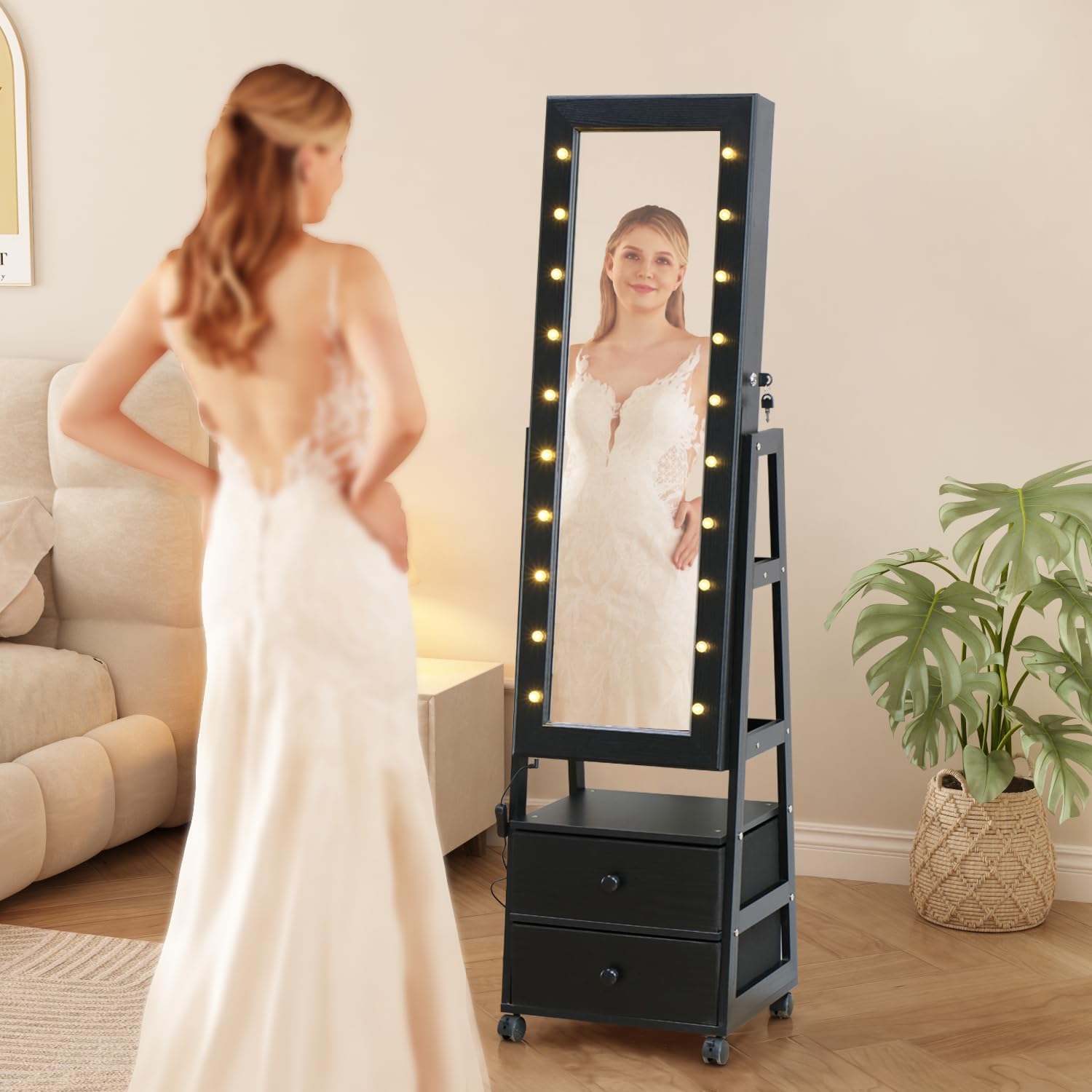 Jewelry Armoire Cabinet Organizer with LED Lights and Mirror