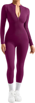 Women Long Sleeve Ribbed Jumpsuit Zip up Front - Flattering Bodycon 2
