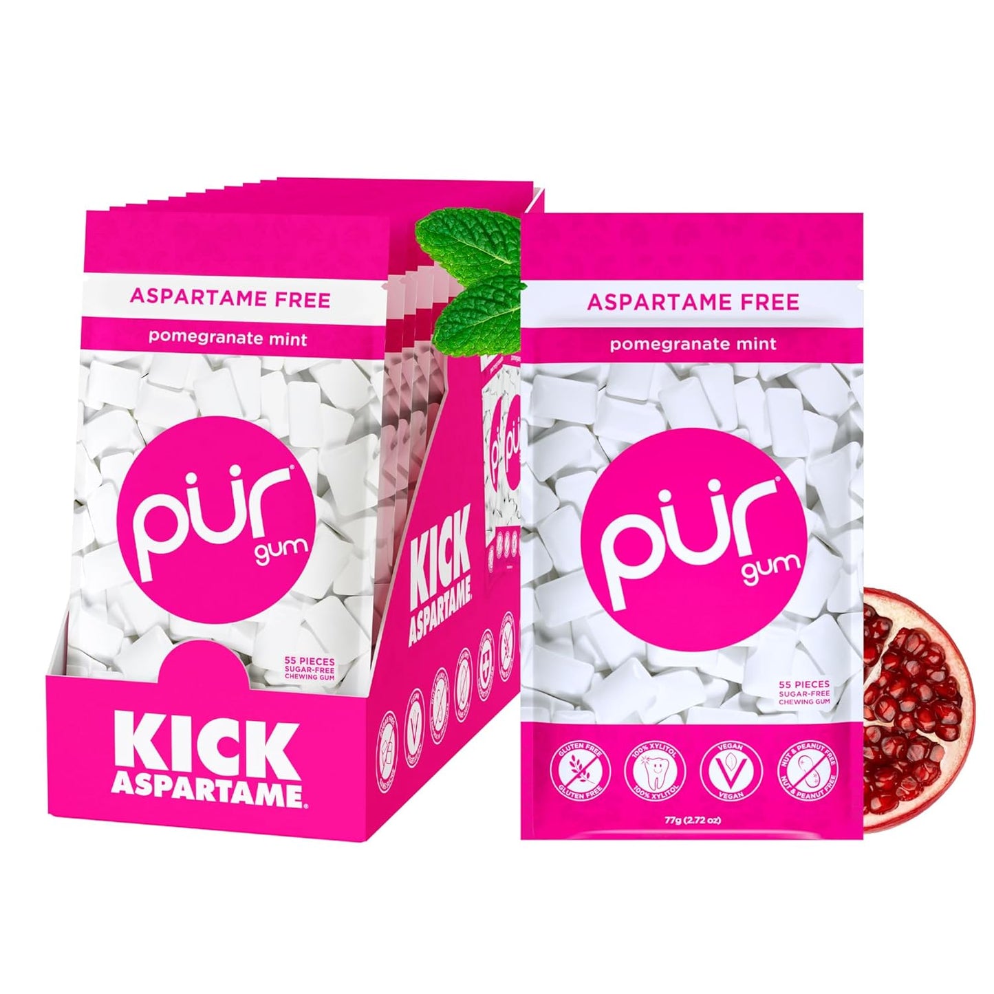 PUR Gum Pomegranate Mint Flavor - Sugar Free Chewing Gum