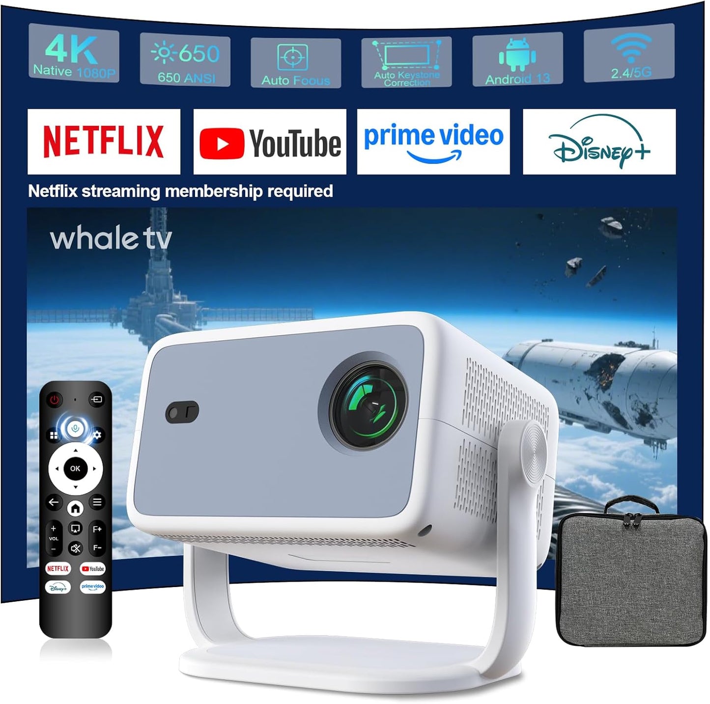 Velec Smart Projector with WiFi, Bluetooth, and 4K Support