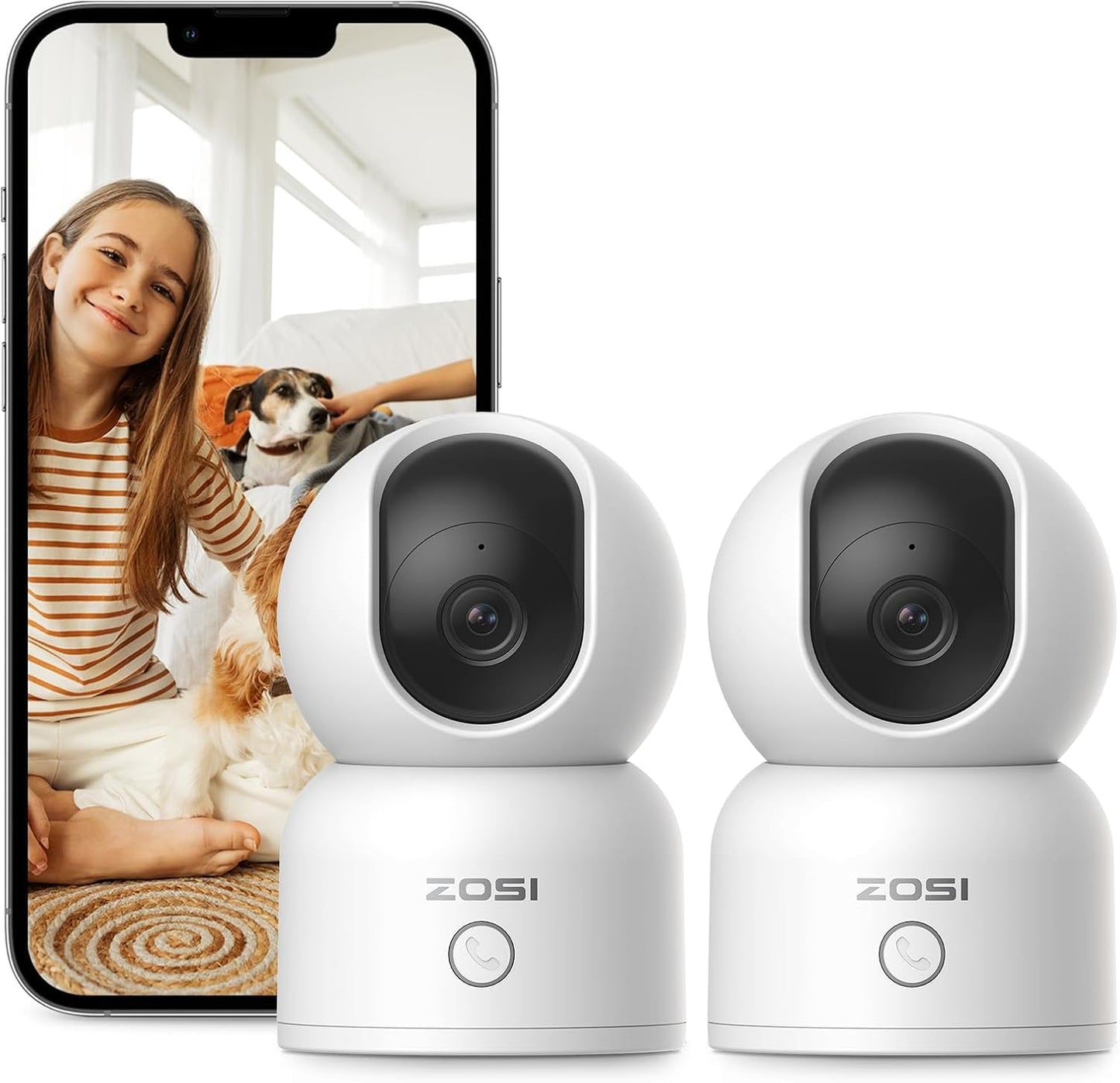 ZOSI 2K Pan/Tilt Cam 2Pk: 360 Baby/Pet Monitor
