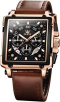 OLEVS Men's Leather Chronograph Watch - Gold Case, Black Dial
