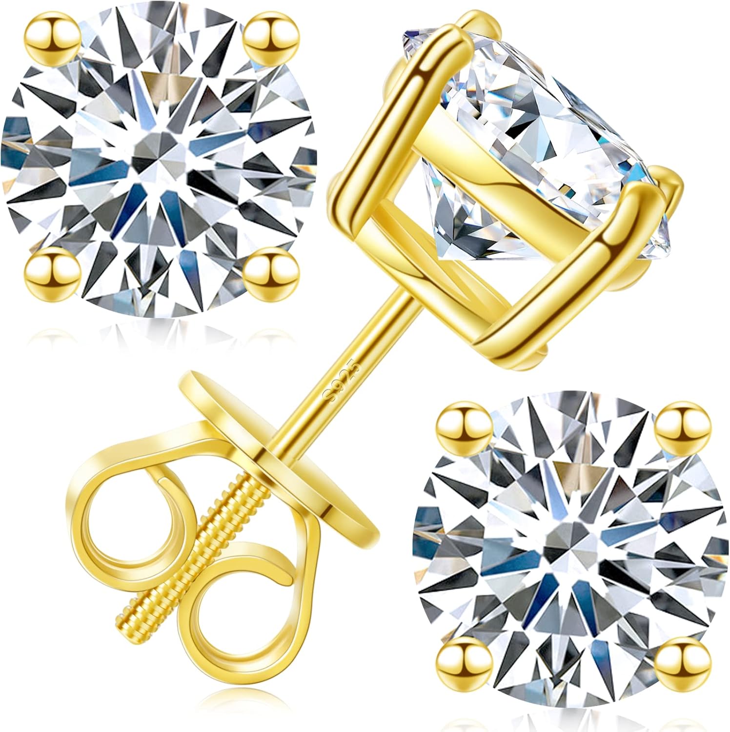 Moissanite Stud Earrings with Screw Back in 18K Gold Plated