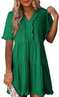 Womens V Neck Short Sleeve Swing Mini Dress - Flowy Summer Shift
