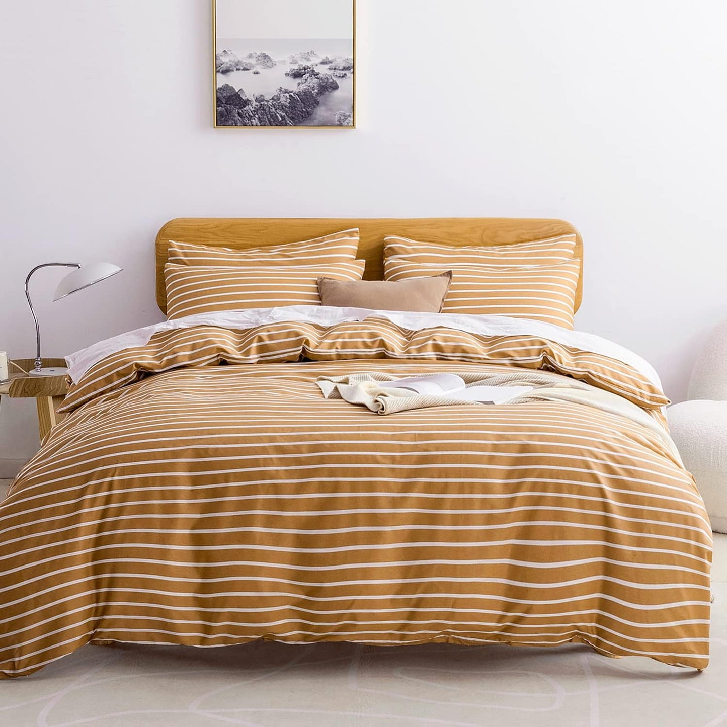 JELLYMONI Full Duvet Cover Set in Rust with White Stripes