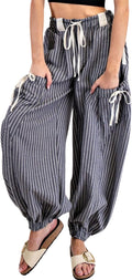 Women Striped Drawstring Wide Leg Lounge Pants - Lightweight Comfort