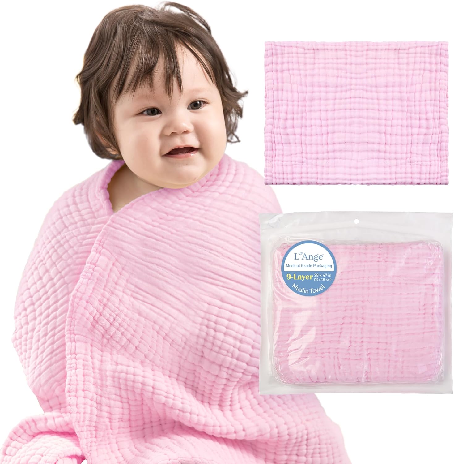L'Ange Baby Bath Towel - 9 Layers of Cotton Muslin for Infants