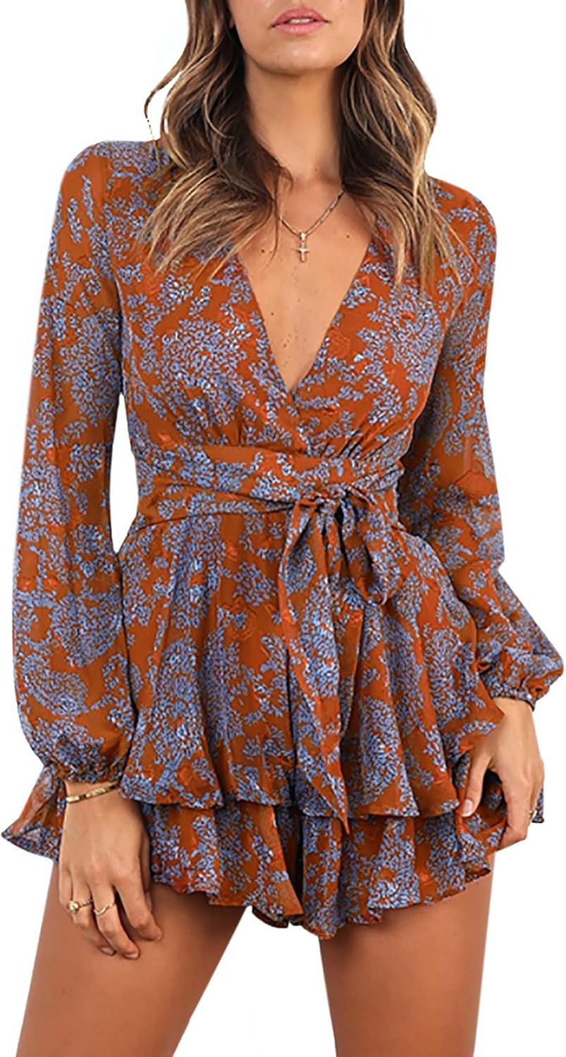 AIMCOO Women's Floral Print Deep V-Neck Romper for Summer Fun