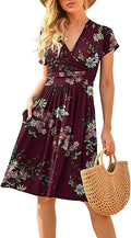 Women's Floral V-Neck Knee Dress with Pockets - LILBETTER