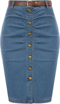 Belle Poque Denim Pencil Skirt - Ruched High Waist Bodycon