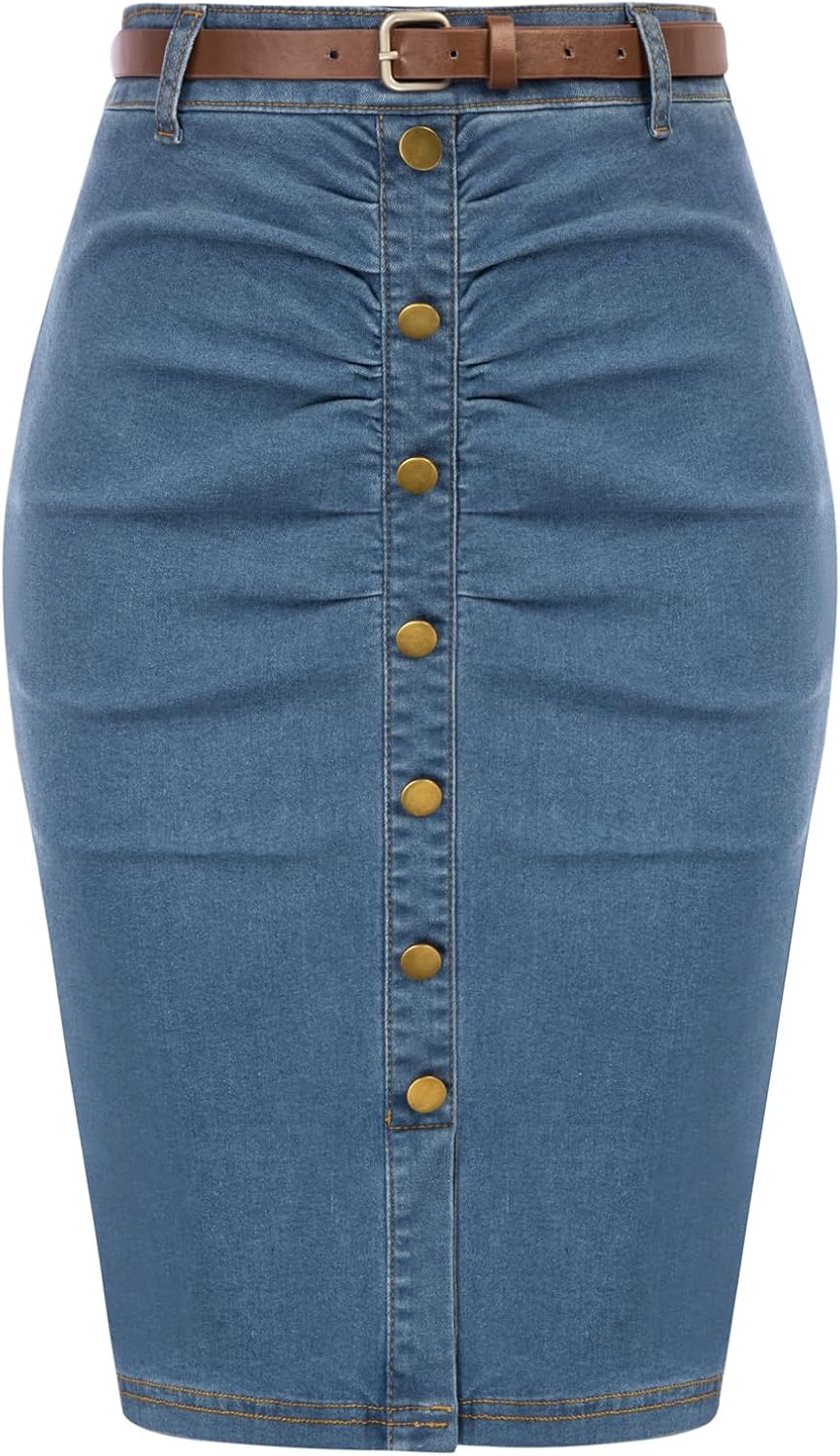 Belle Poque Denim Pencil Skirt for Women with Ruched Design