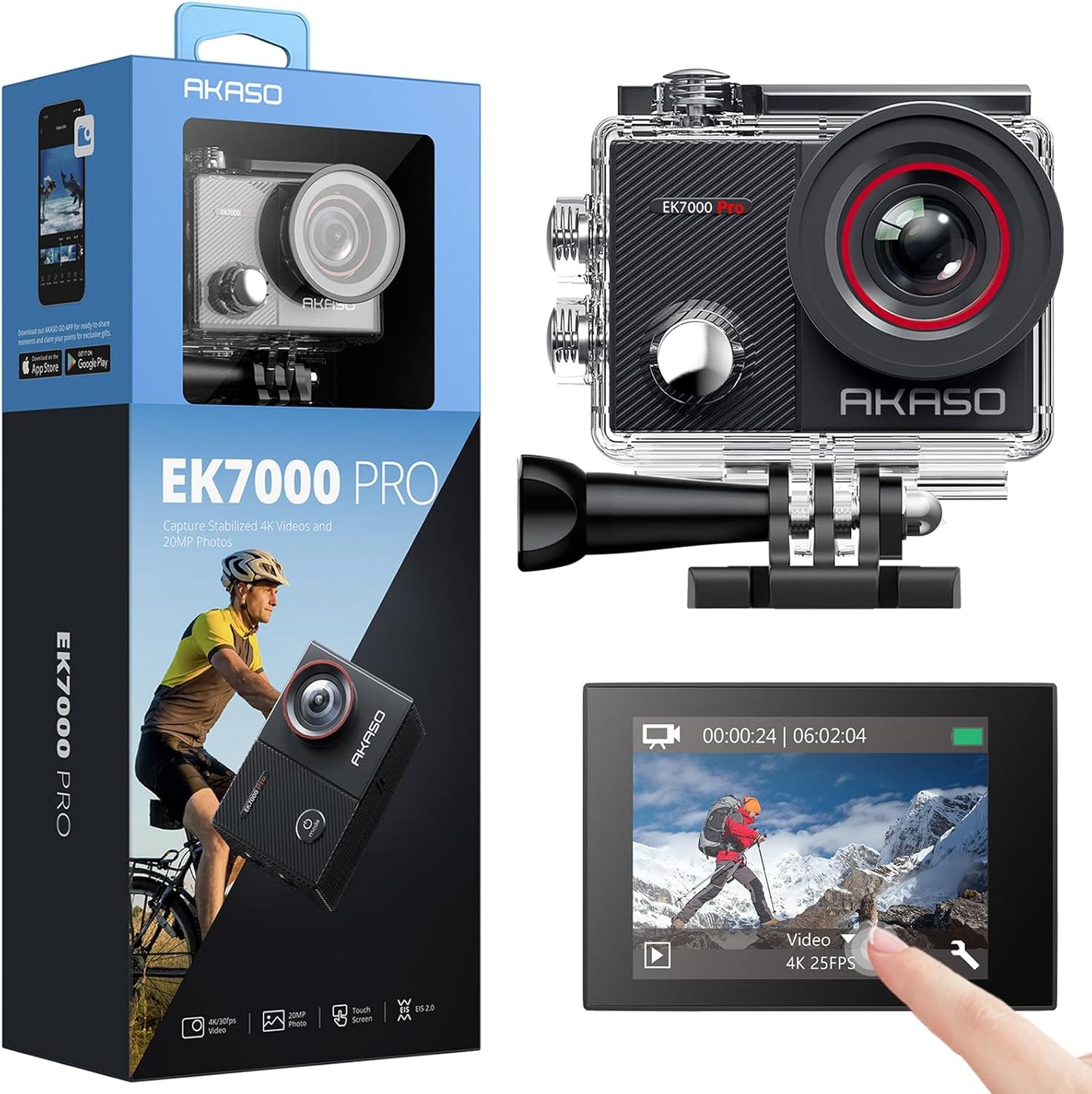 AKASO EK7000 Pro 4K Action Cam - Touch Screen, EIS, Waterproof, Remote Control
