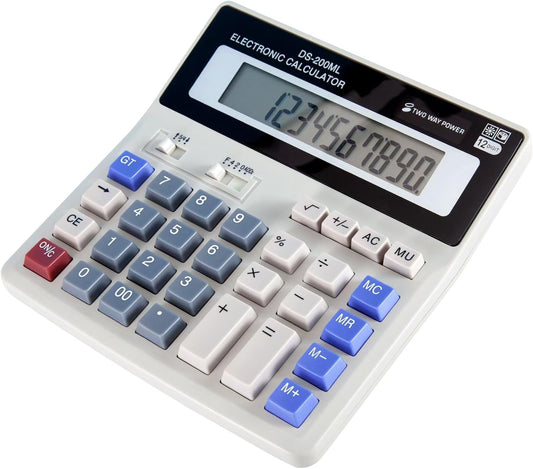 Large 12-Digit Desktop Calculator: Easy Operation, Dual Power, NUOFACB