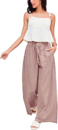 Wide Leg Striped Cotton Pants for Women - Comfortable Drawstring