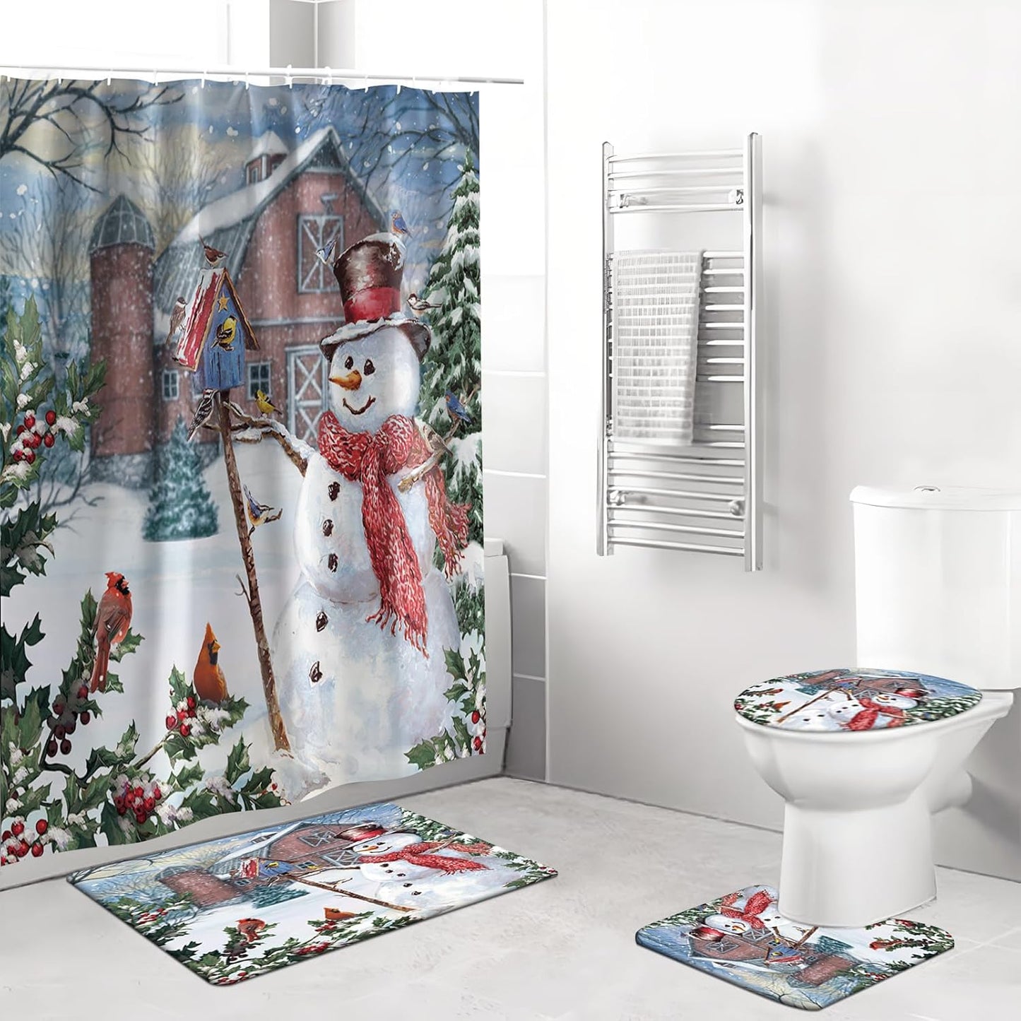 Cardinal Xmas Snowman Bathroom Set, Non-Slip Rugs, 4pcs