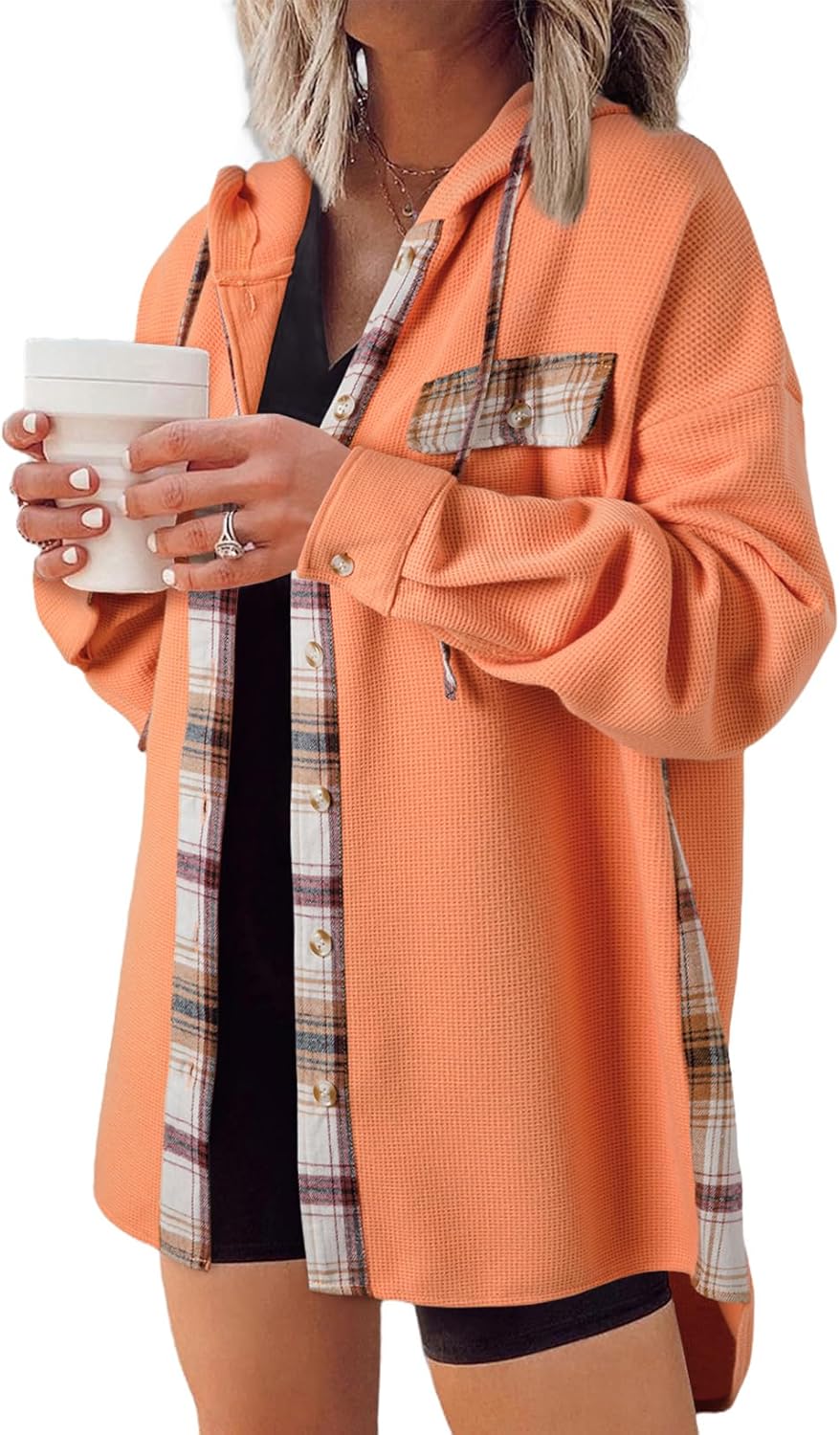 SHEWIN Womens Waffle Knit Plaid Shacket for Stylish Comfort
