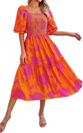 Women's Smocked Floral Midi Dress Square Neck Puff Sleeve - Flowy Boho
