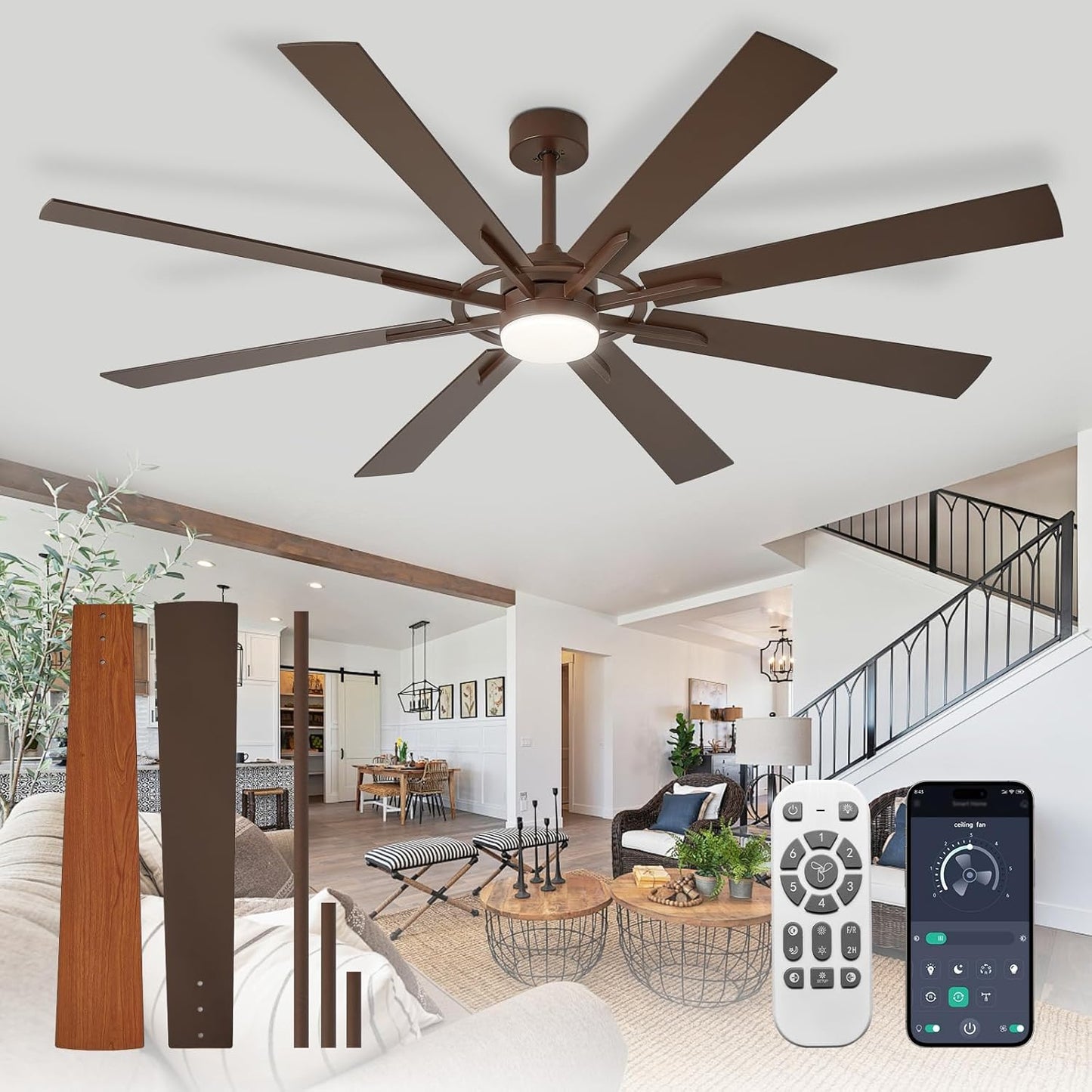 72-Inch Ceiling Fan with Light: Modern 8-Blade Indoor Outdoor