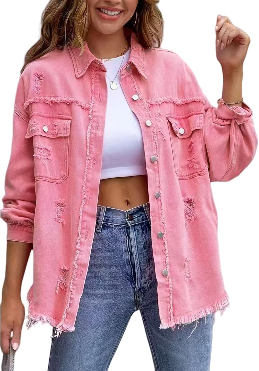 Oversized Ripped Denim Jacket for Women with Frayed Hem Style