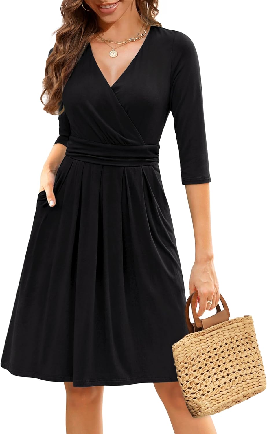 Zattcas Womens Wrap V Neck 3/4 Sleeve Cocktail Dress with Pockets