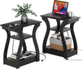 Black End Table Set of 2 with Charging Station - Compact 3-Tier