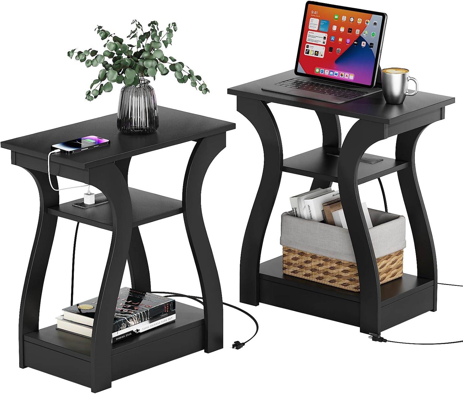 Black End Table Set of 2 with Charging Station and Storage