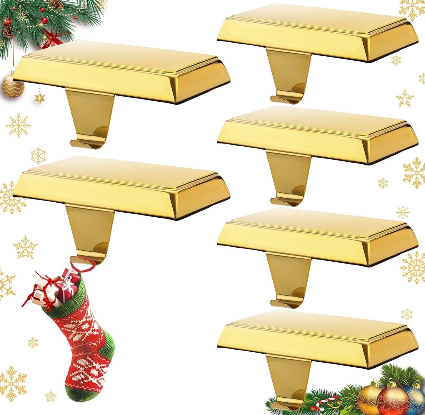 Weighted Stocking Holders for Mantle - Set of 6 Gold Hangers