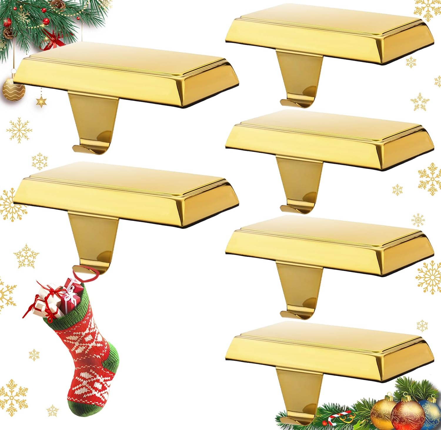 Weighted Stocking Holders for Mantle - Set of 6 Gold Hangers