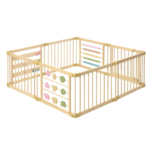 ZETY Natural Wood Baby Playpen with Built-In Toys and Door Panel