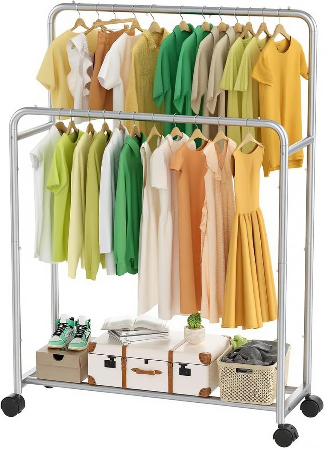 Double Rod Rolling Metal Garment Rack with Wheels for Clothes