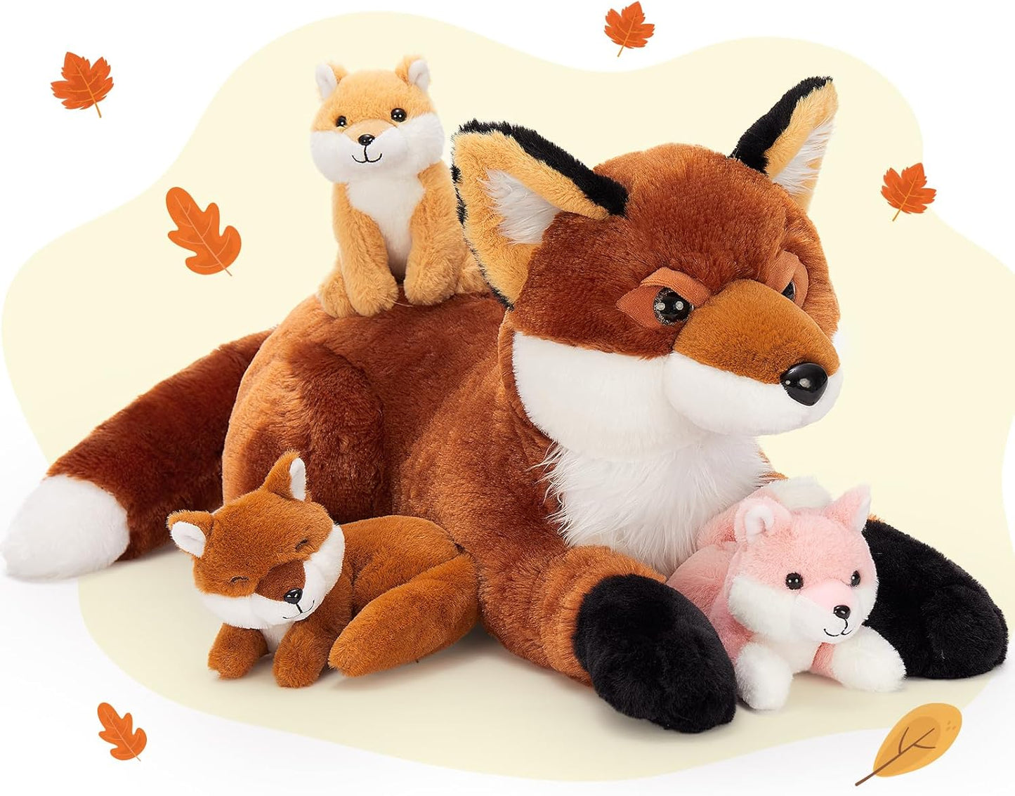 4Pcs Fox Stuffed Animal Set - Large Mommy Red Fox Plush Toy