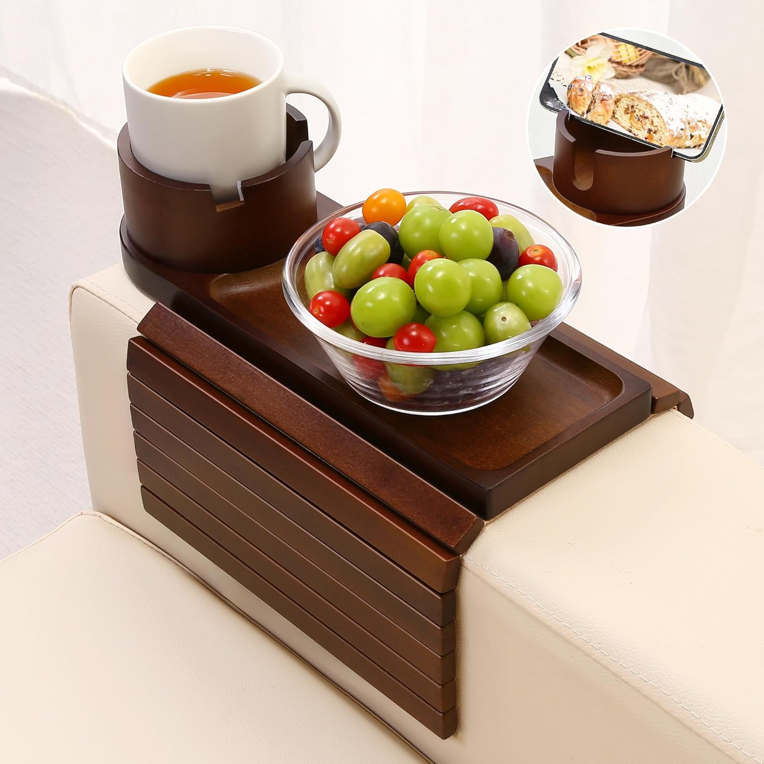 Couch Cup Holder Bamboo Arm Tray with 360 Rotating Design