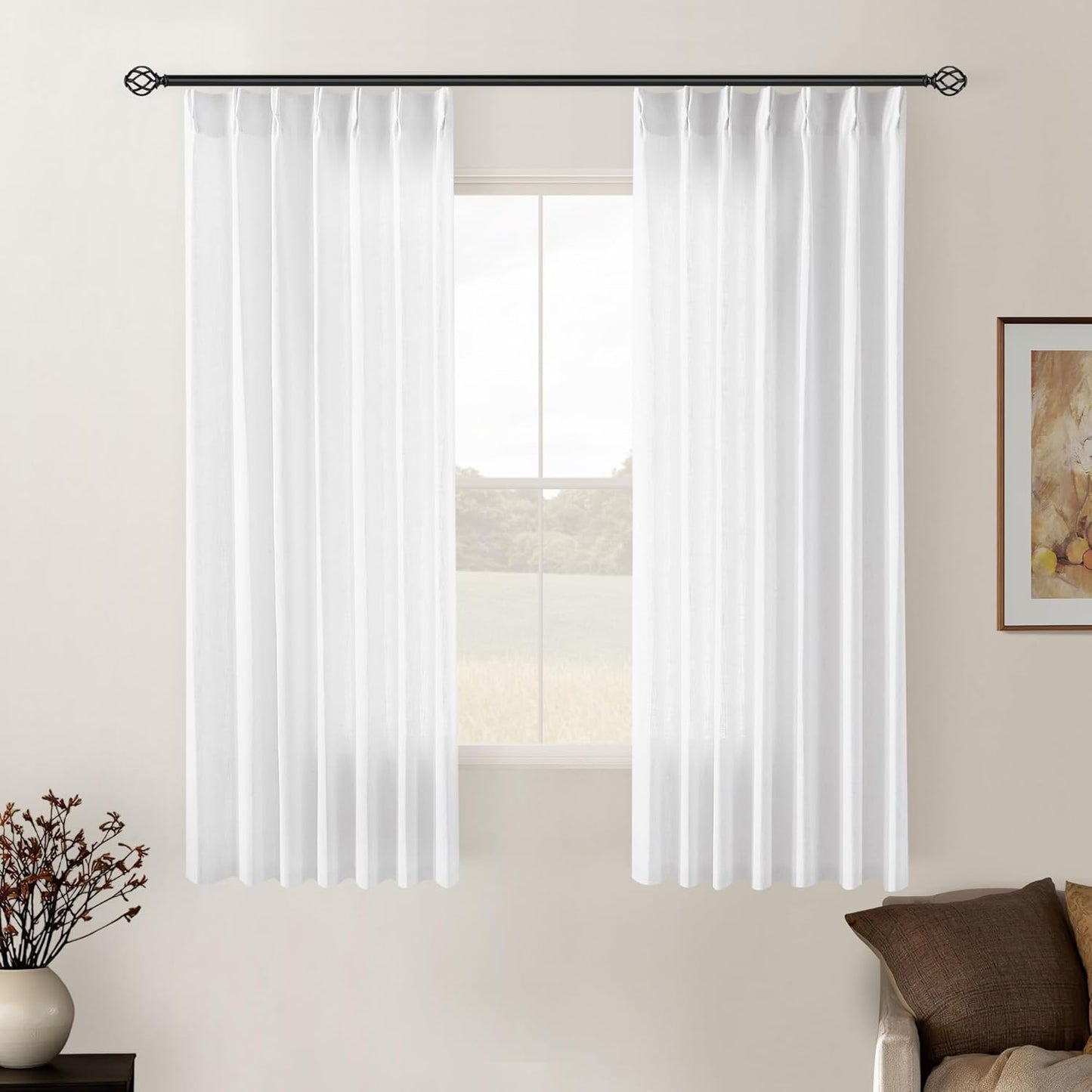 Snow White Pinch Pleated Linen Curtains for Living Room 40x54